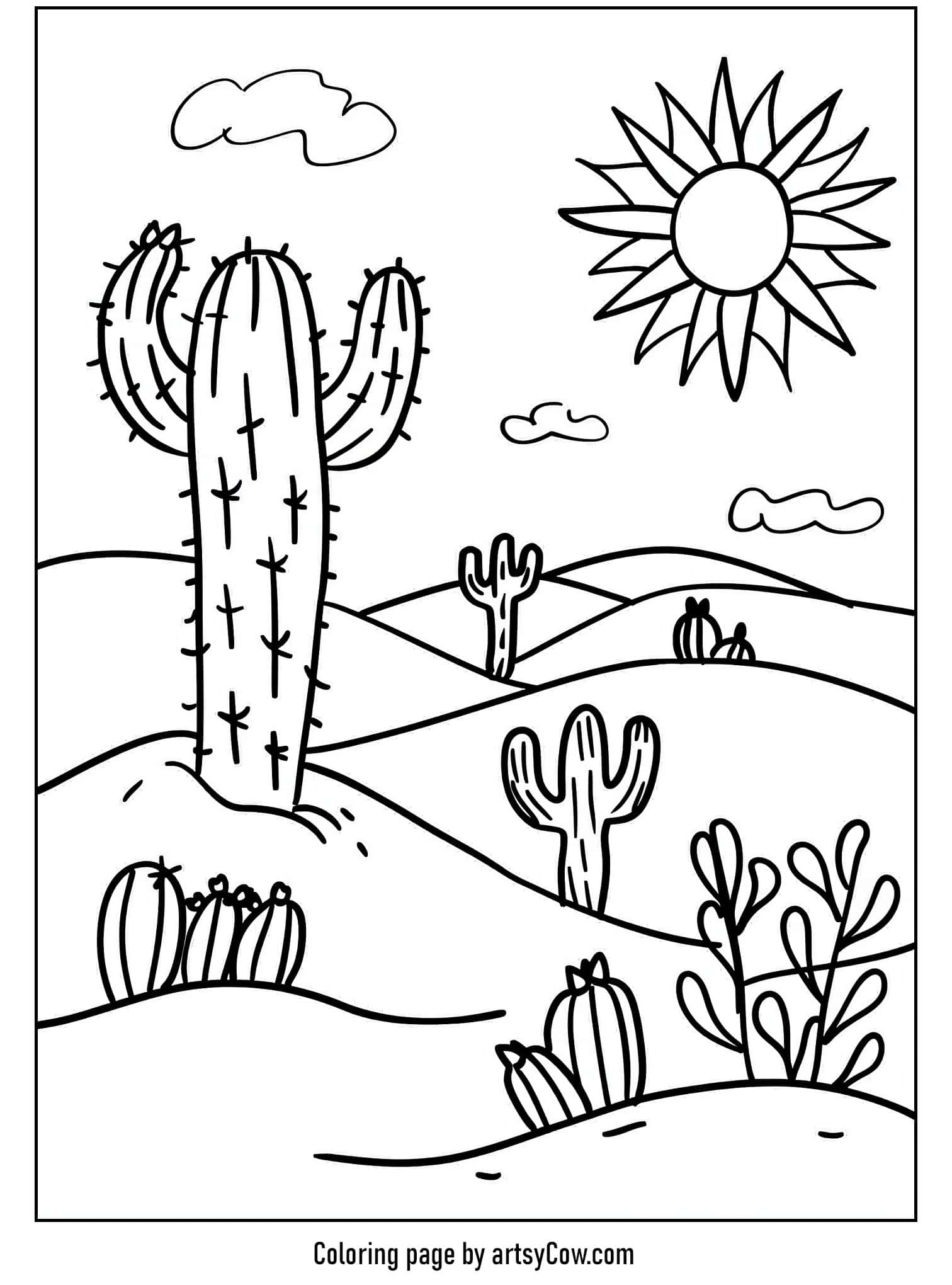 Desert scene with cactus and sun